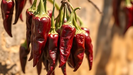 ancho. Deep red ancho chilies drying in sunlight, slightly wrinkled texture on rustic background. menu design, packaging mockups, designed for food delivery and cloud-kitchen brand materials.