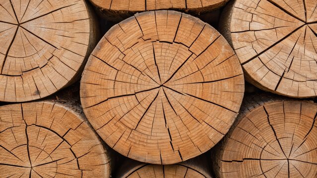 Circular cross-sections of tree trunks display intricate patterns and textures, emphasizing the natural beauty of wood.