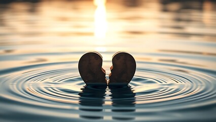 millenary. A broken heart-shaped lock floating on calm water, split in two pieces in soft morning light. wellbeing guides, coaching materials, designed for coaching and self-improvement content.
