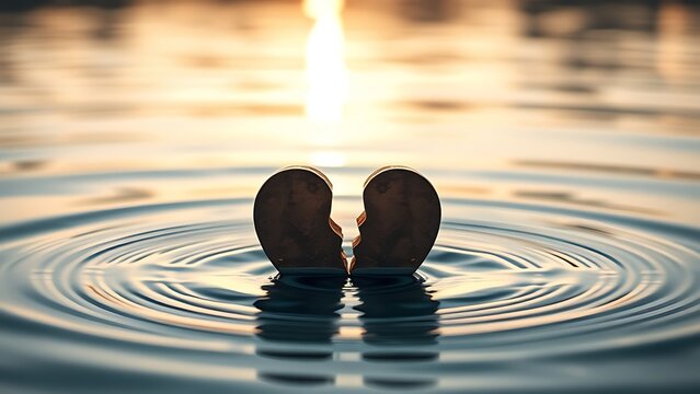millenary. A broken heart-shaped lock floating on calm water, split in two pieces in soft morning light. wellbeing guides, coaching materials, designed for coaching and self-improvement content.