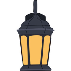 A dark gray antique outdoor wall lantern with glowing amber light on a transparent background