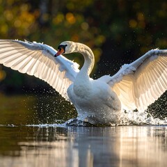 A swan taking flight, spreading wings over the water