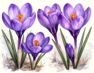Vivid purple crocuses bloom in spring garden scene