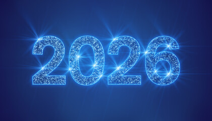 Illustration of abstract neon light with the numbers 2026 over blue background - represents the new year - vacation concept.