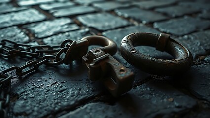 tennessine. Weathered rusted shackles lie on rough stone, chains trailing into shadow. event programs, museum guides, designed for cultural heritage projects and event programs.