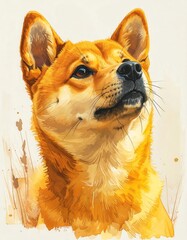 Watercolor Portrait of an Alert Golden Dog