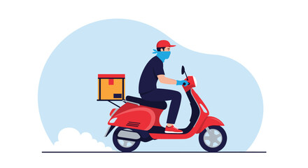A masked delivery driver on a red scooter carries a package for fast and safe delivery service.