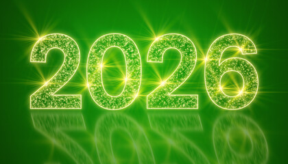 Illustration of abstract neon light with the numbers 2026 on a reflective floor against a green background - represents the new year - vacation concept.