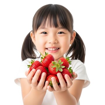 Smiling Asian Girl with Strawberries