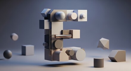 Abstract 3D Letter E Composition with Geometric Shapes and Floating Elements.