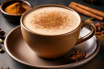 Stunning Photograph of a Chai Tea Latte with Frothy Milk and Spices, Perfect for Educational Content About Culinary Diversity and Nutrition
