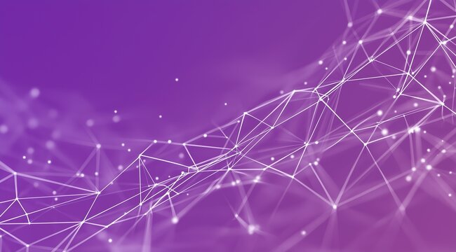 Abstract technology background with geometric lines and shapes interconnected on a light purple backdrop, symbolizing digital network connections and global data transfer for innovation and analytics.