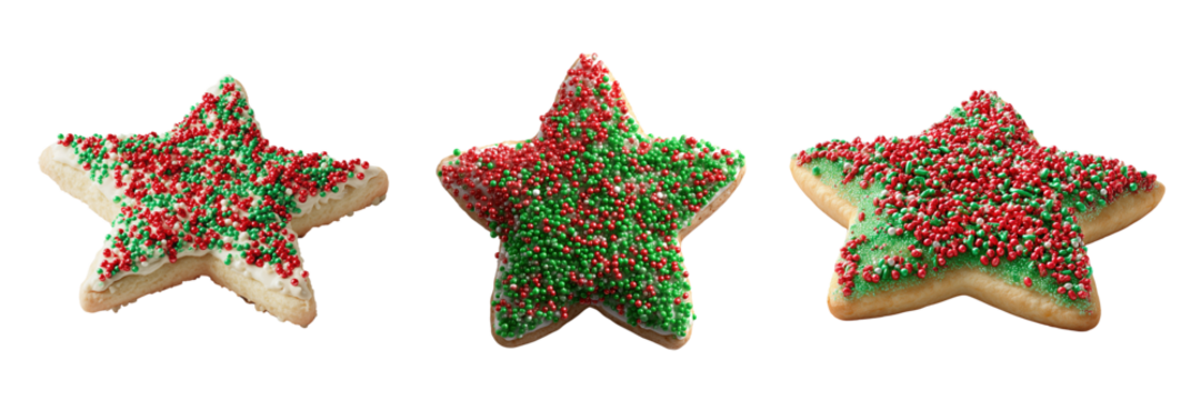 Three Star Shaped Christmas Cookies isolated on a transparent background