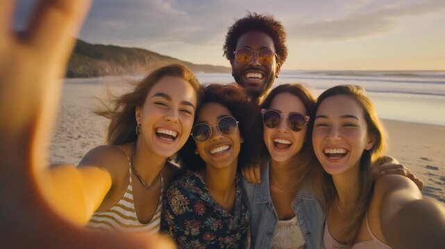 Group of diverse friends taking selfies at sunset beach, golden light reflections, genuine smiles, wind in hair, cinematic slow-motion feel