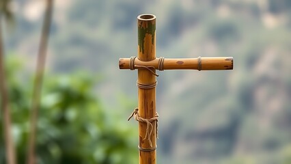blowpipe. Bamboo blowpipe held in focus against blurred natural background, tribal aesthetic with natural materials. event programs.
