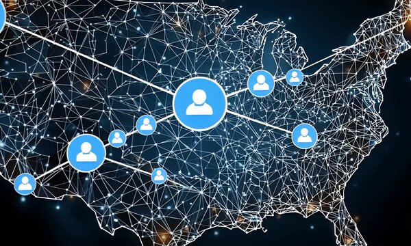 Abstract visualization of the united states map with glowing lines representing data connections and network pathways across the nation
