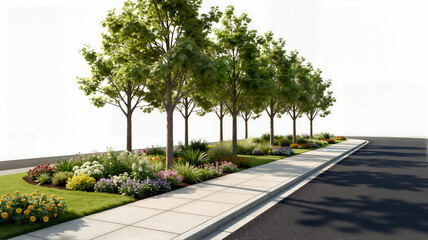 3D render of a road greening asset on a white background, featuring uniform street trees, diverse colorful shrubs in the median, a sidewalk, and an asphalt road.	