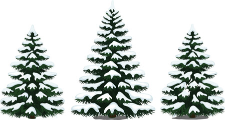 Snow-covered evergreen trees, winter forest scene, seasonal nature illustration, pine tree design, holiday landscape, snowy branches, vector art, cold weather, Christmas theme