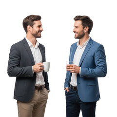 Two businessmen holding coffee cups and talking isolated on transparent background