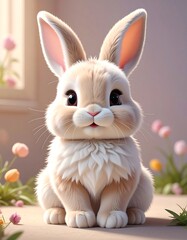 Obraz premium A fluffy, adorable bunny with big, dark eyes sits. Soft, creamy fur covers the body, with long ears. A sweet, innocent look