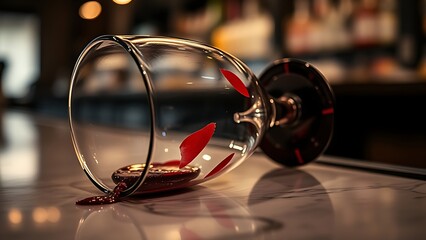 imprudence. An overturned wine glass with lipstick marks on a bar counter in moody lighting. bar promotions, beverage menus, designed for food & beverage menus and cafe branding.