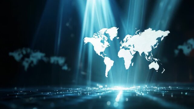 An ethereal visualization of a world map illuminated by beams of light, highlighting geographical features against a dark, abstract backdrop, creating a sense of depth and intrigue.