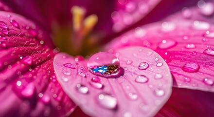 Close-up of vibrant pink flower petals adorned with water droplets.