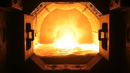 ontology. Industrial furnace observation window showing molten metal with intense glow. safety posters, maintenance manuals, designed for industrial assembly lines and welding operations.