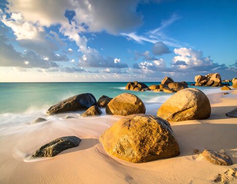 Sandy beach with large, smooth rocks under a cloudy sky