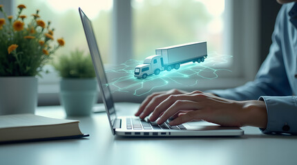 A business professional managing fleet logistics with advanced holographic truck technology on a laptop for supply chain optimization