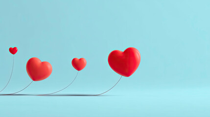 Red heart balloons ascending on blue