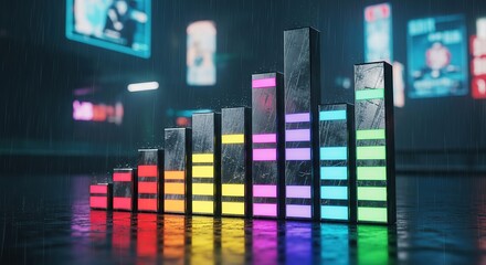 Colorful Equalizer Bars Displaying Sound Waves in a Futuristic Cityscape.