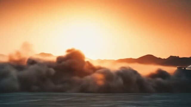 A dark sports car drifts across a smoke-filled track at sunset, flames touching the horizon at dusk