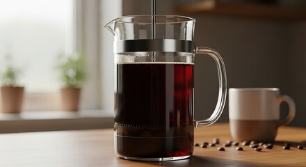 Freshly brewed coffee in a glass French press on a wooden table with coffee beans and a mug.