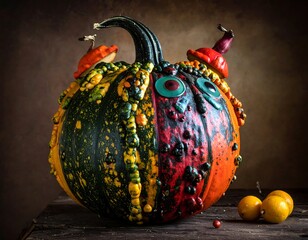 A uniquely colored pumpkin, decorated with mushroom-like accents