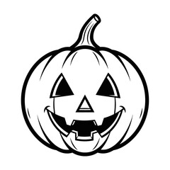 A black and white illustration showcases a smiling jack-o'-lantern, perfect for Halloween designs, coloring pages, or spooky themed projects with a festive touch.