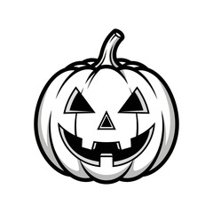 A black and white cartoon illustration of a carved pumpkin with a smiling face, ideal for Halloween decorations, isolated on a white background.
