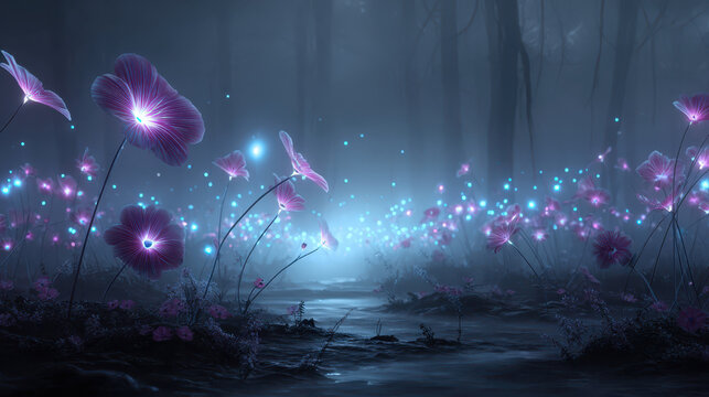 Surreal glowing garden scene with luminous flowers and ethereal lights illuminating misty forest. enchanting atmosphere evokes sense of wonder and tranquility