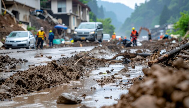 Mudslide aftermath: emergency workers and vehicles on a muddy, debris-strewn road in a residential area, disaster cleanup.