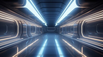 Obraz premium Futuristic illuminated science fiction corridor with glowing blue and orange lights