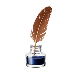 Brown feather quill pen dipped in blue ink in glass bottle