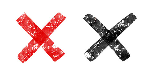 Red and Black Rough Textured Cross Marks Isolated on White Background
