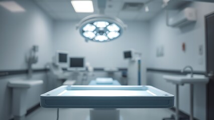 scalpel. A sterile medical setting with an empty surgical tray under focused lighting, evoking modern healthcare. safety posters.