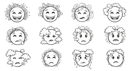Cartoon Emoji Faces with Hearts and Clouds – Expressive Emotion Icon Set