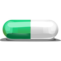 A Single Pharmaceutical Capsule With Green and White Halves and a Subtle Shadow on a Transparent Background Representing Medicine and Health
