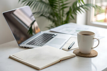 Bright minimalist workspace with coffee and open notebook. Symbol of planning, creativity, productivity, startup mindset and calm morning focus.