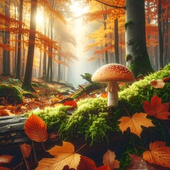 A vibrant autumnal scene of a forest with a large mushroom