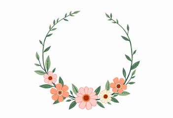 Naklejka premium Delicate Floral Wreath with Pink, Orange, and White Flowers and Green Leaves Crafting a Beautiful Minimalist Frame on a White Background