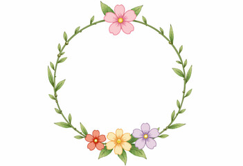 Fototapeta premium Delicately Arranged Circular Wreath of Colorful Blossoms with Green Leaves on a Simple White Background Creating a Symmetrical Floral Design