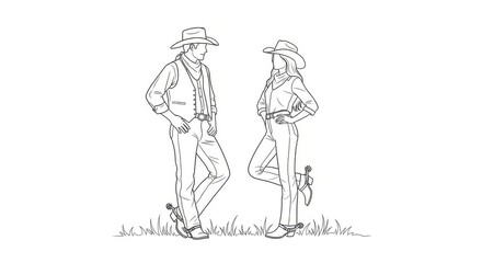 Fototapeta premium Cowboy and Cowgirl Silhouette ,Western Couple Outline Art in Minimalist Country Style